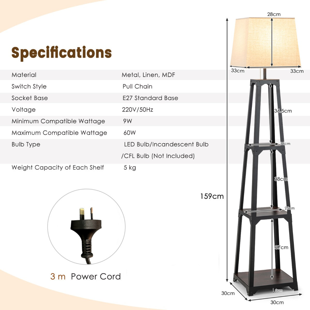 NNECW 3-tier Shelf Floor Lamp with Sturdy Metal Frame for Living Room-3