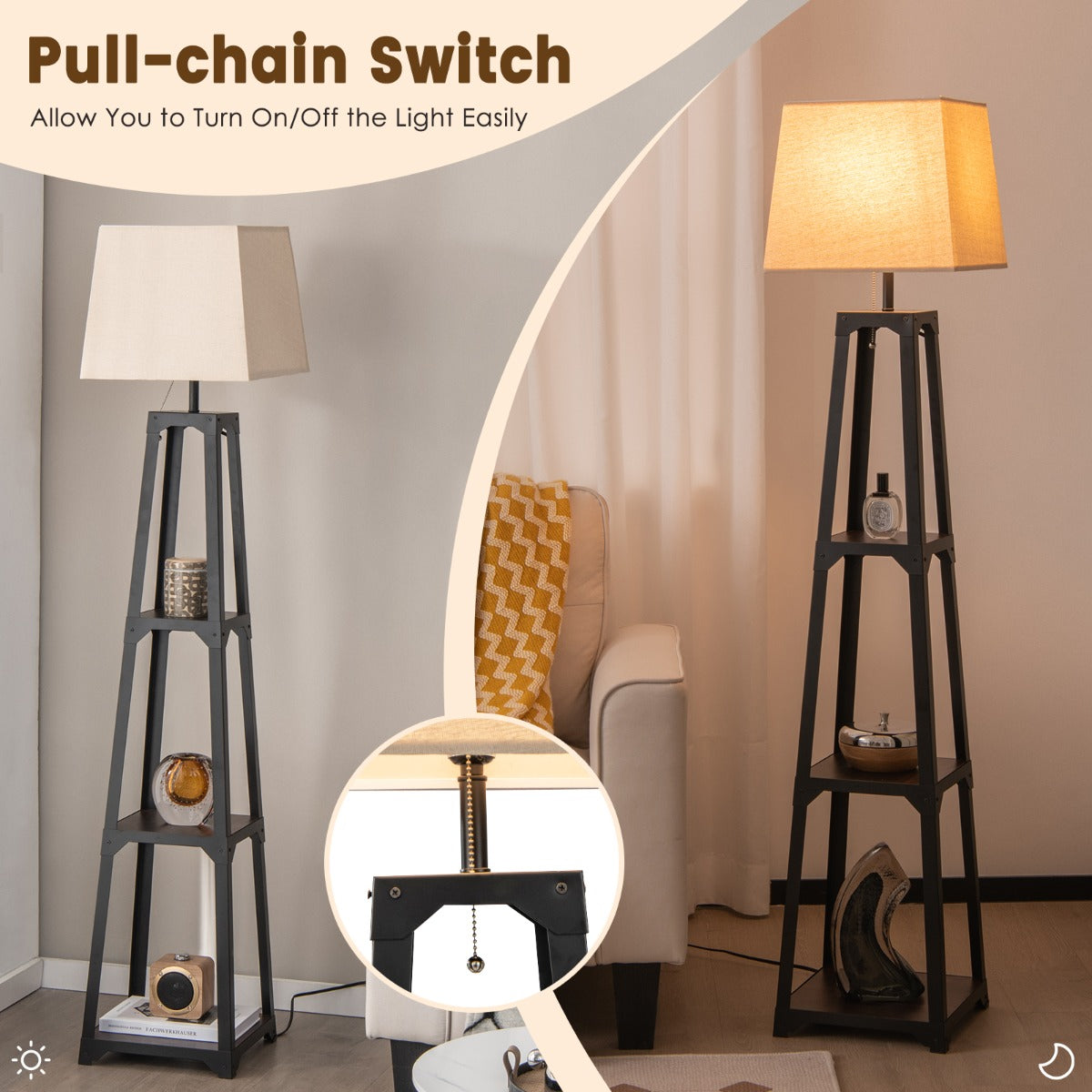 NNECW 3-tier Shelf Floor Lamp with Sturdy Metal Frame for Living Room-2