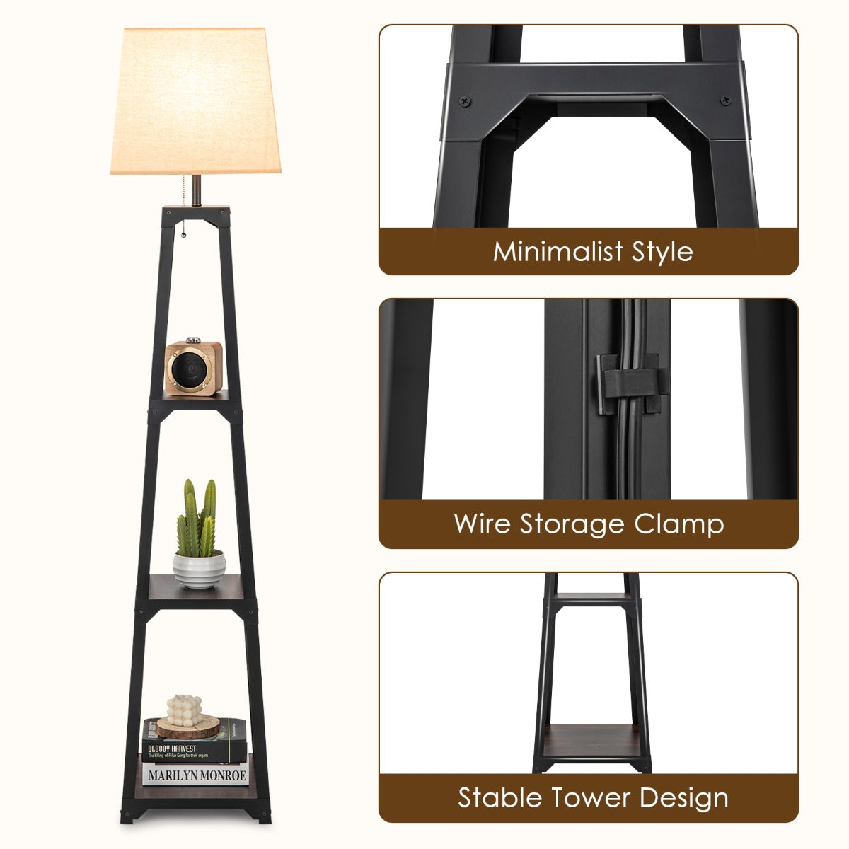 NNECW 3-tier Shelf Floor Lamp with Sturdy Metal Frame for Living Room-4